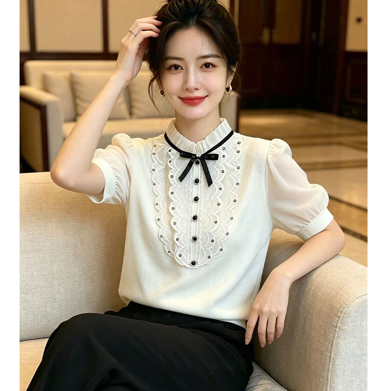原创设计重工蕾丝镶钻假两件短袖T恤女夏季新款蝴蝶结泡泡袖上衣