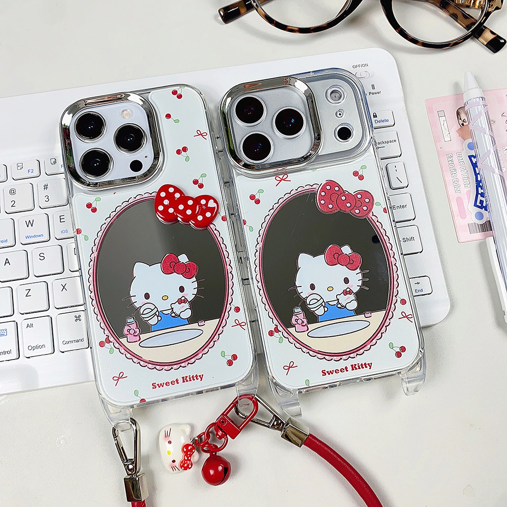 卡通镜面立体红色蝴蝶结化妆KT适用苹果17promax手机壳iphone16新款15pro带挂绳17女14pm日韩13创意16pro全包