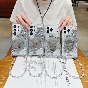 2026新款适用苹果17promax手机壳iPhine16蝴蝶支架带手链15高级感保护套14女生闪粉补妆镜纯手工贴钻四角防摔