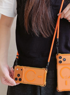 小众设计iPhone17promax透明磁吸无线充电星宇橙手机壳挂脖斜挎简约防摔四角开孔保护套苹果16pro透橙色14pro