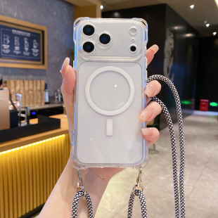 四角开孔适用苹果17promax手机壳精孔透明iPhone15plus可磁吸14pro带斜挎挂绳13pm可背12p挂脖吊绳11电话壳16