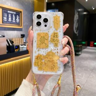 金箔滴胶财神爷适用iPhone17promax手机壳苹果15pro新款14好柿连连全包13斜挎挂绳16pro透明防摔12全包保护套