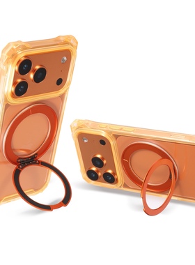 橙色旋转支架17pro四角开孔磁吸充电透明手机壳iPhone17ProMax苹果17P系列16Pro外壳保护套防摔可斜挎带挂绳