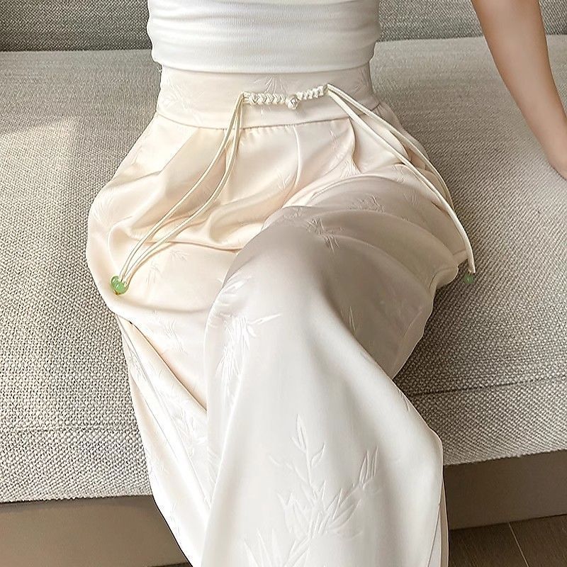 新中式缎面提花阔腿裤子女2025春夏新款盘扣高腰显瘦直筒休闲长裤