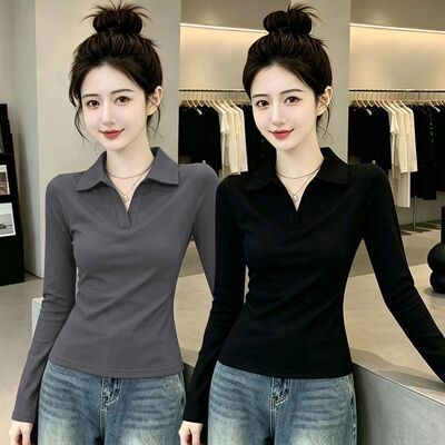 长袖T恤女内搭短款polo领上衣