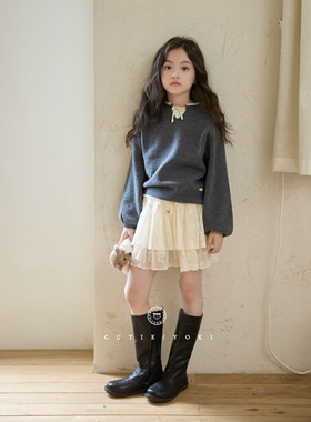 YOKI童装女童针织衫UPW 100%RWS美丽奴羊毛花苞袖毛衣蕾丝半裙