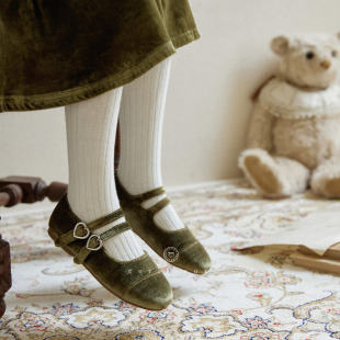 旗袍鞋 yoki童装 新中式 内里真皮爱心扣魔术贴单鞋 丝绒公主鞋