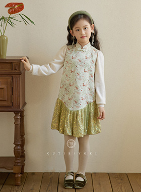 【顺丰】yoki童装女童新中式金玉满堂绿色旗袍亮片连衣裙背心裙