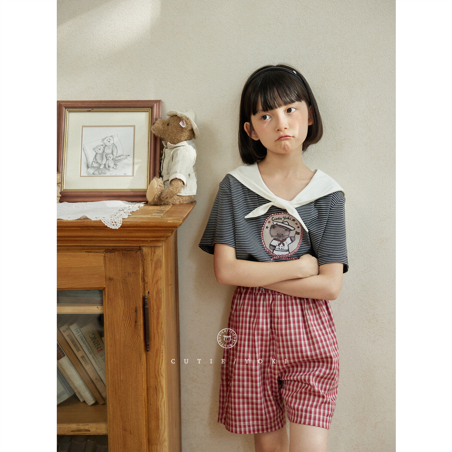 Cutieyoki家童装海军小猫100天丝凉感条纹T/定纺薄软红格子短裤