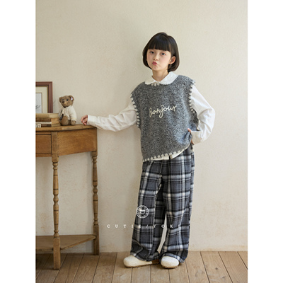 CUTIEYOKI童装亲子装格子裤春秋长裤格雷系休闲裤亲子装阔腿裤