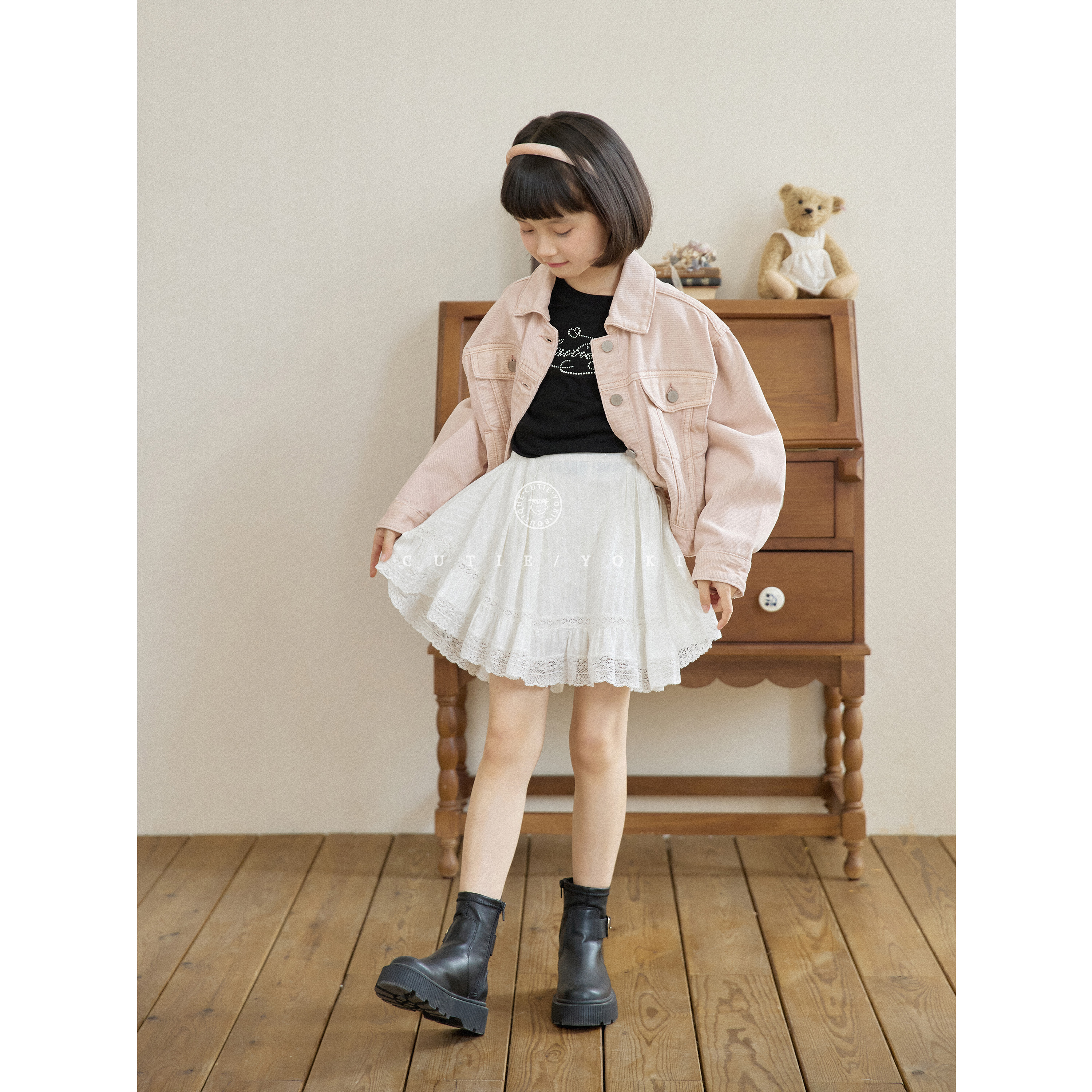 yoki童装2025秋冬亲子装牛仔衣新品vintage做旧粉甜酷牛仔外套