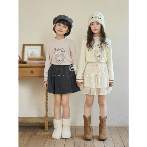 CUTIEYOKI家童装亲子装女童t恤爱心兔兔花边袖口原创印花长袖T