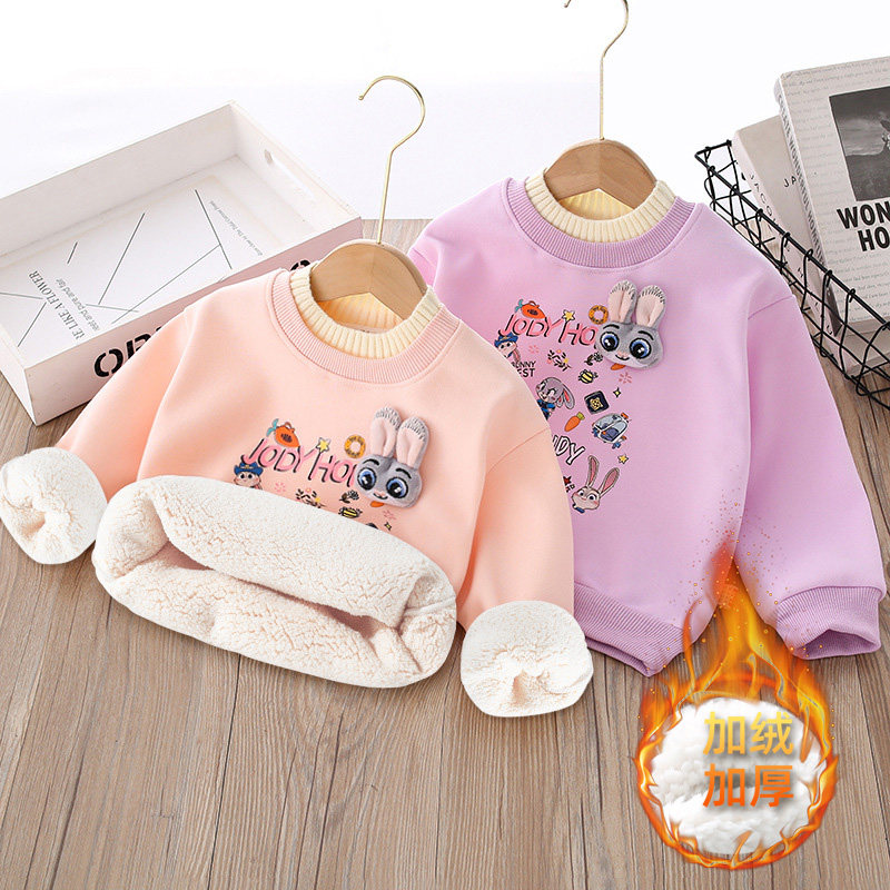 女童加绒卫衣冬季厚款 儿童半高领加厚t恤上衣宝宝一体绒打底衫厚