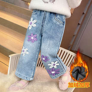 女童牛仔裤加绒秋冬款 女宝宝绣花休闲软牛仔裤 儿童直筒阔腿裤子