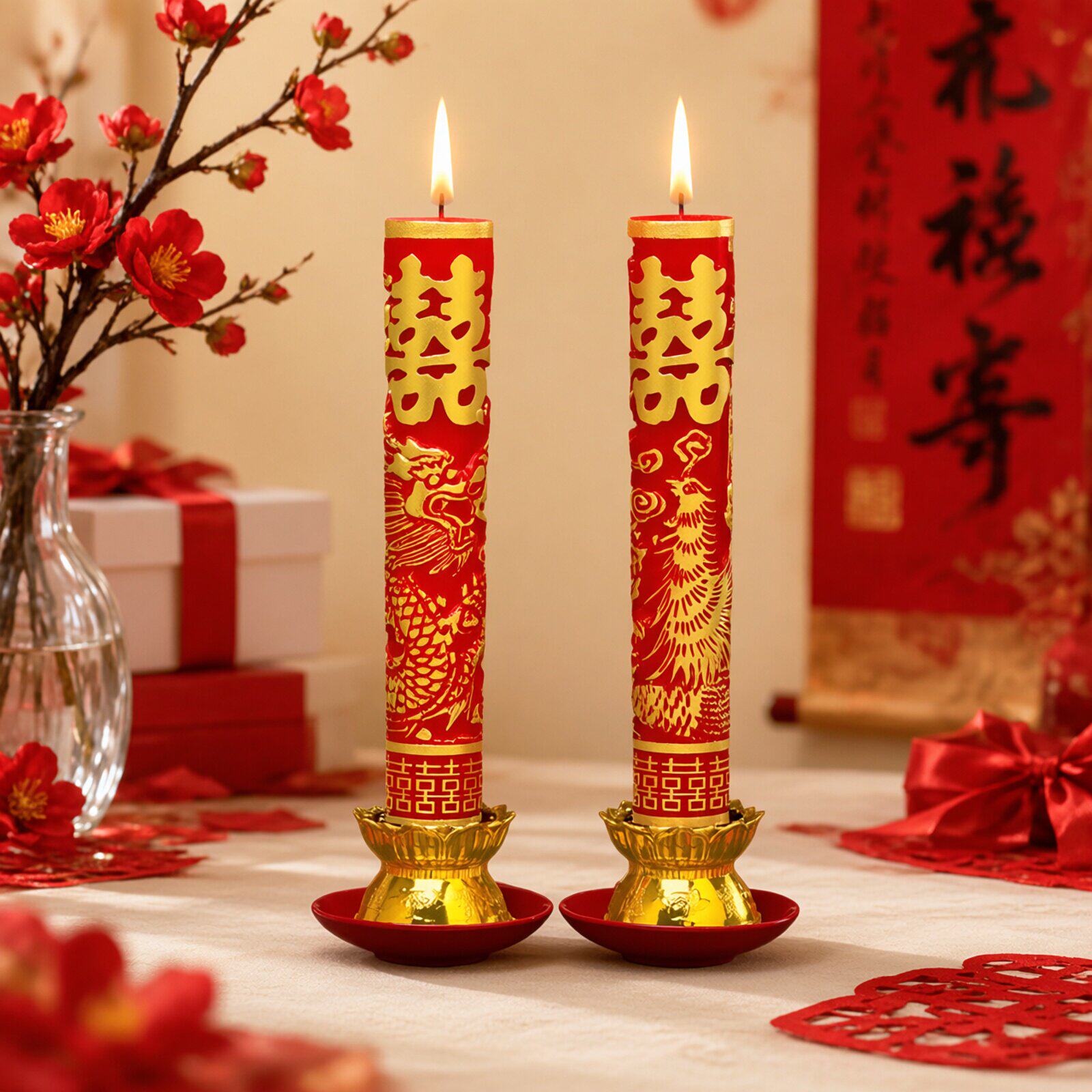 龙凤喜烛一对婚礼喜字婚房装饰红色洞房花烛蜡烛中式拜堂老式蜡烛