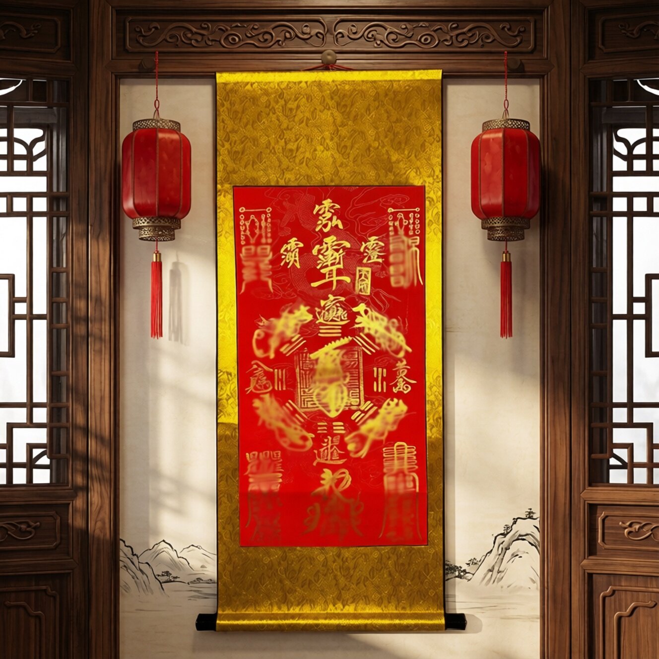 龙虎山手绘道家挂画新中式客厅玄关装饰画五路五雷公司商铺挂画