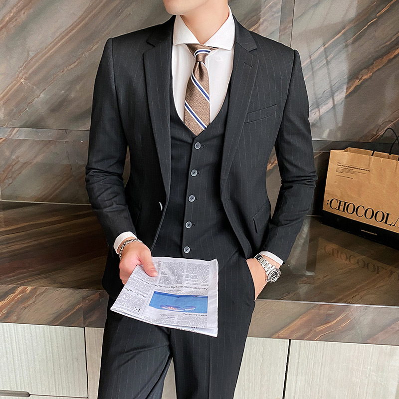 英伦绅士条纹西装男套装韩版修身潮流男士西服套装W2029/P295黑