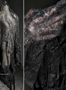 薄黑色细牙签压褶布 三宅一生褶皱复古弹力创意裙服装设计师面料