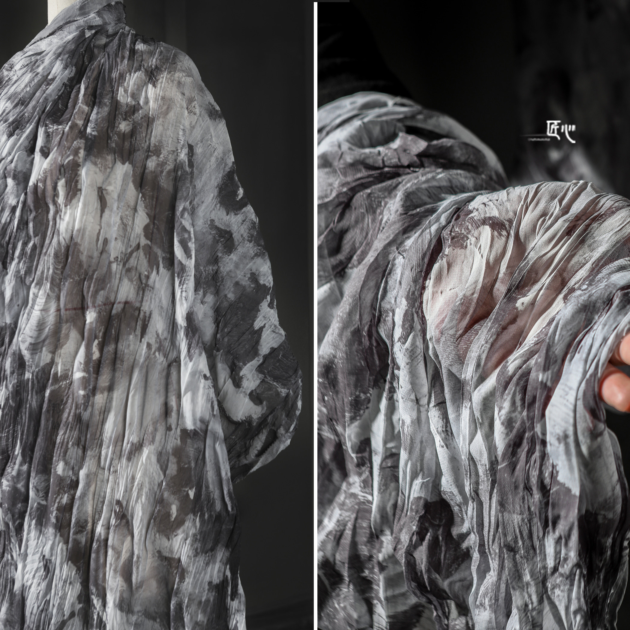 山水画压褶扎染雪纺布 创意墨染肌理复古衬衫长裙 服装设计师面料