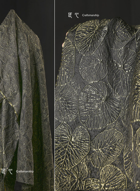 春叶 绿色树叶立体提花布复古创意线性肌理外套裙服装设计师面料