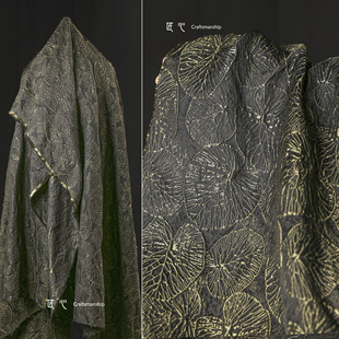 春叶 绿色树叶立体提花布复古创意线性肌理外套裙服装设计师面料