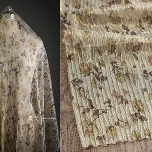 黄驼色法式碎花压褶弹力针织布复古文艺开衫连衣裙服装设计师面料