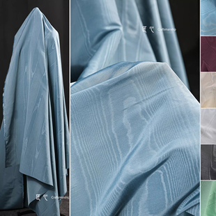 蓝色云绸摩尔纹反光提花布 再造木纹肌理国风衣服装设计师面料