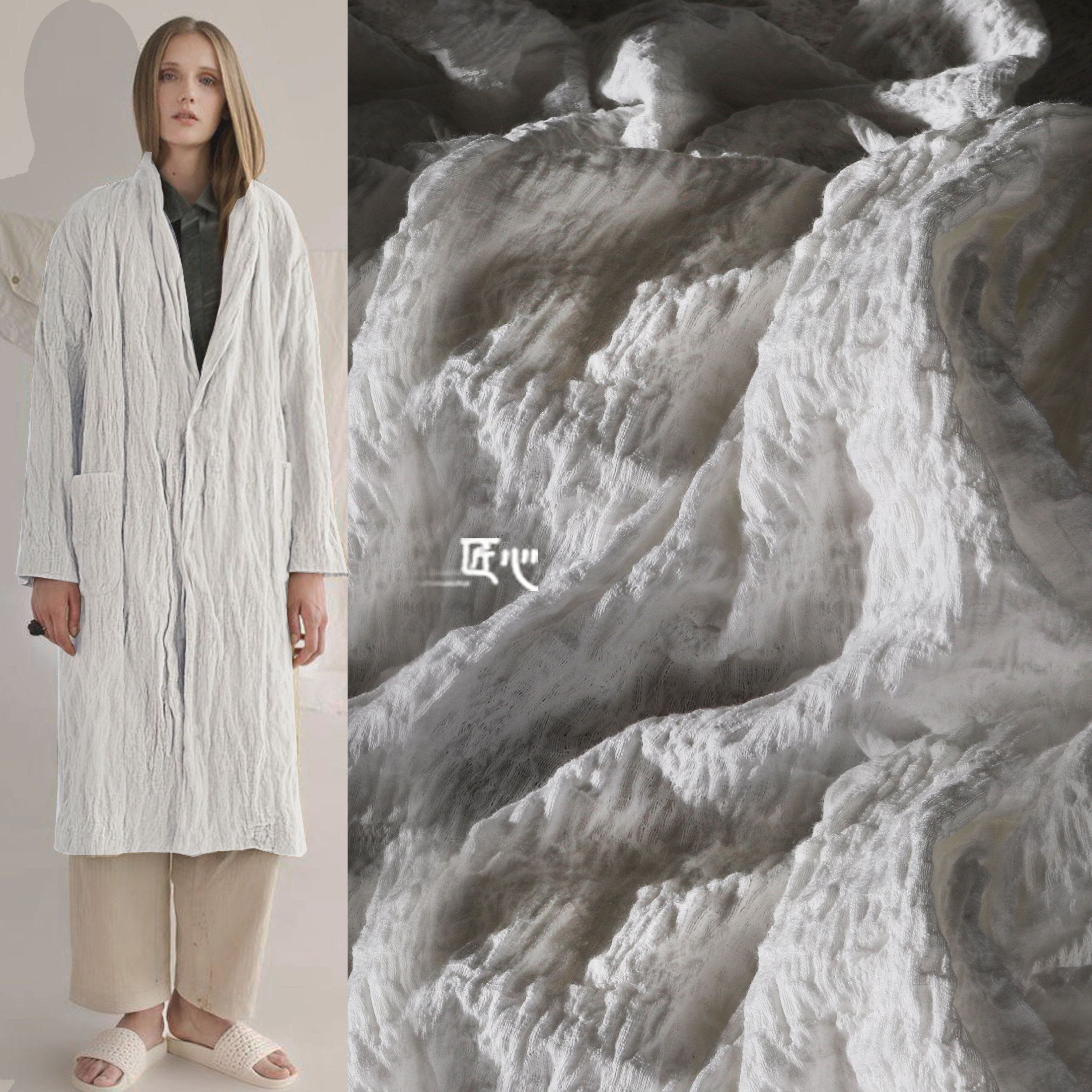 白色棉麻再造棉刺绣褶皱布弹力不规则立体肌理创意服装设计师面料