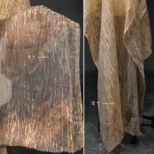 咖色掌纹纱色织欧根纱 文艺复古褶皱网纱创意国风裙子设计师面料