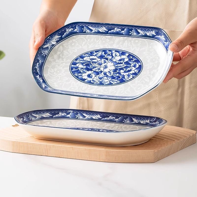 青花鱼盘家用陶瓷长方盘子大号碟子烤盘日式简约蒸鱼盘酒店饭店用