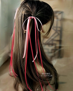 国风汉元素发饰软妹蝴蝶结飘带发夹少女灵动可爱古典舞头饰粉红色