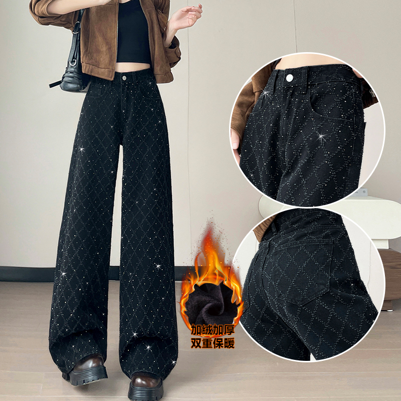 加绒方格满钻设计感阔腿牛仔裤