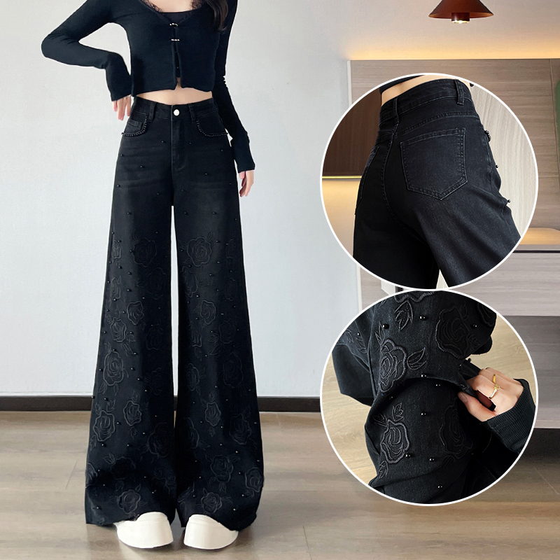 超火黑色玫瑰刺绣打珠阔腿牛仔裤