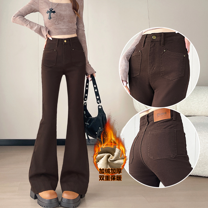 韩版百搭咖啡色加绒喇叭牛仔裤