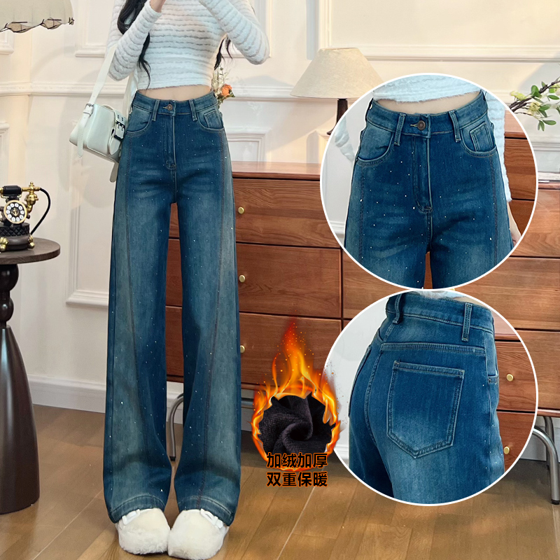 拼接烫钻设计感加绒直筒牛仔裤