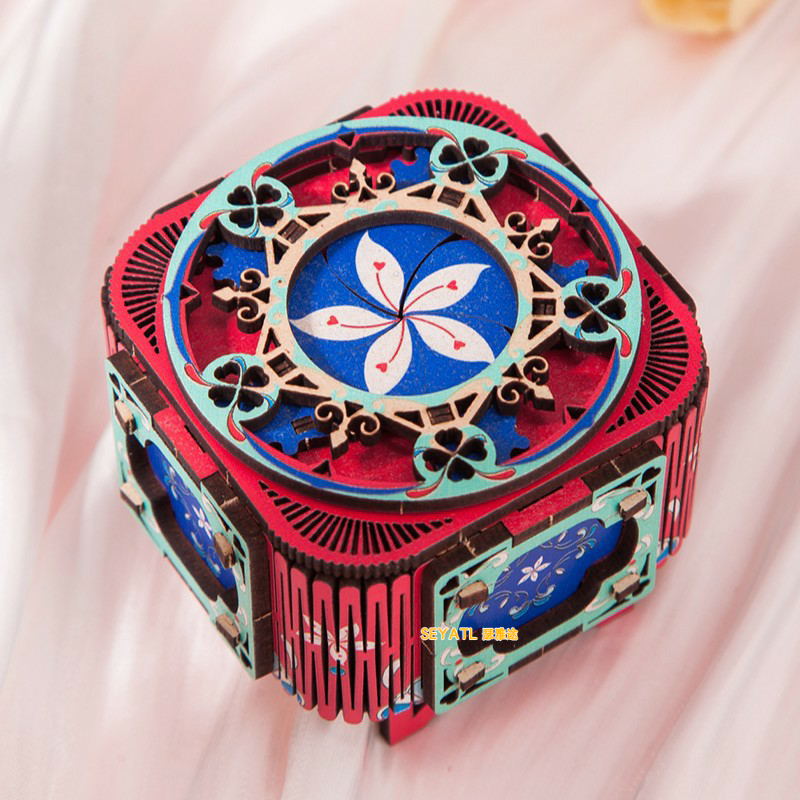 SEYATL八音盒手摇音乐盒木质拼图3立体机械节日创意礼物八音盒/音