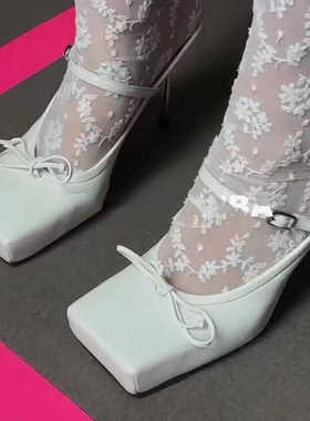 肯豆刘雯同款高定绝美24春夏季白色方头后空芭蕾舞高跟鞋凉拖鞋女