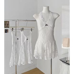 甜辣性感蕾丝挂脖连衣裙女早秋薄透修身打底a字小短裙潮家居睡衣