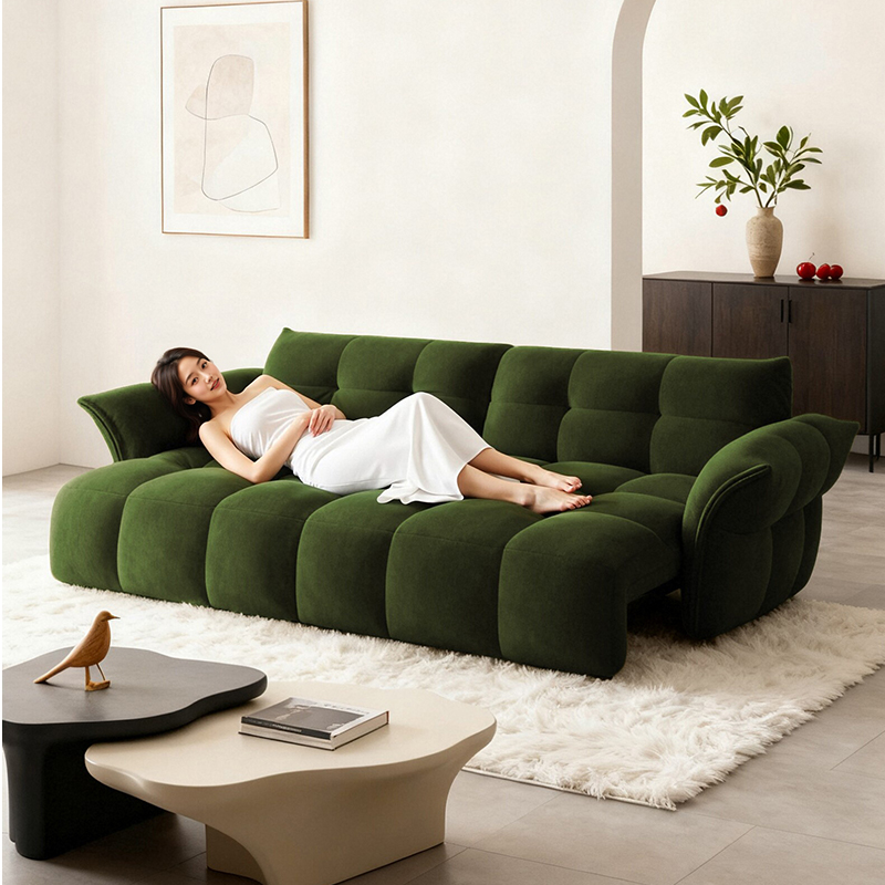 绿色百合电动功能沙发客厅小户型雪尼尔布艺可伸缩直排花瓣沙发床