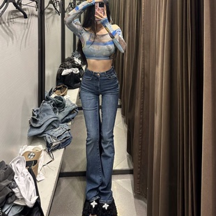 顯瘦復古彈力牛仔超好看微喇叭褲 ZA秋季 高腰修身 7223225 新款 407