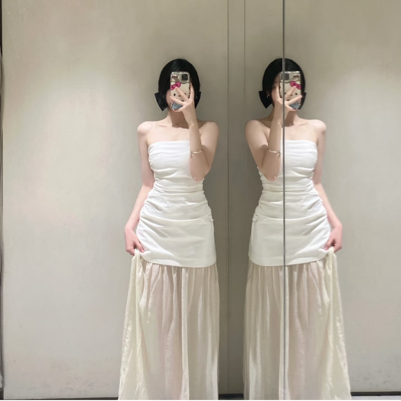 ZA春夏新款女装时尚气质露肩直领拼接长款抹胸连衣裙3152373