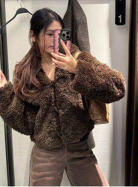 ZA 秋冬新品女装 绳结扣饰皮草效果短大衣外套连帽夹克 4391854