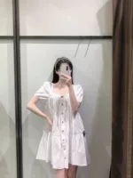 Белое платье, европейский стиль, коллекция 2021, квадратный вырез, свободный крой