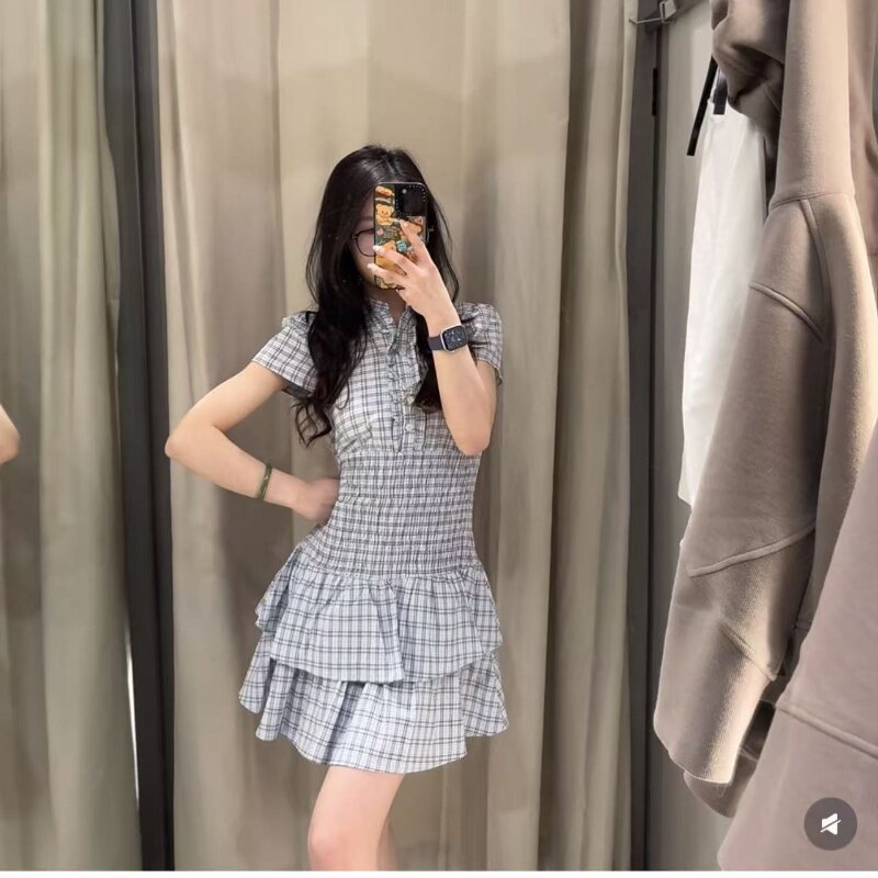ZA春夏新品女装 小个子短袖格子叠层装饰短连衣裙 3067318 049
