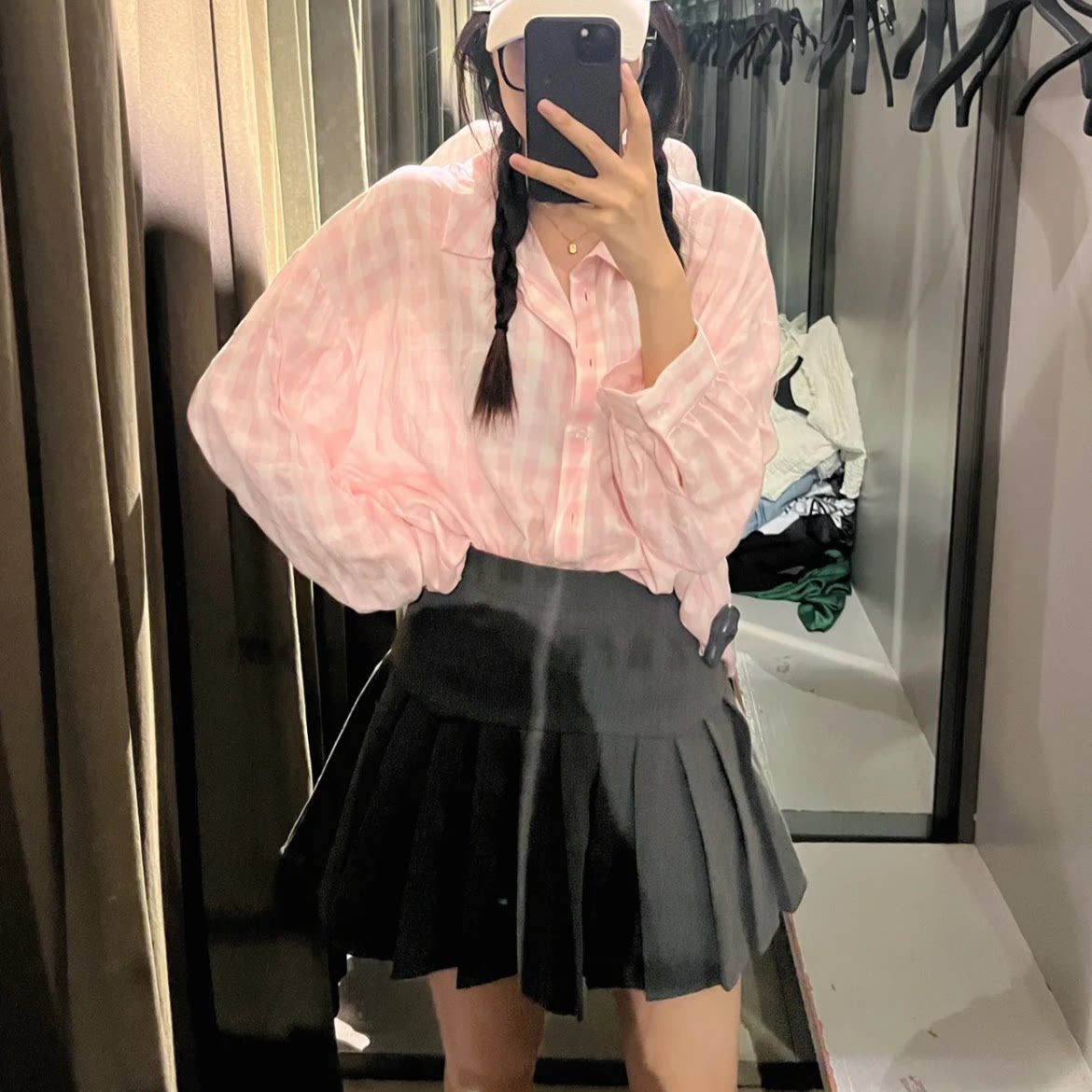 ZA新款女装休闲粉色格子防晒上衣宽松显瘦格纹长袖衬衫 1971060