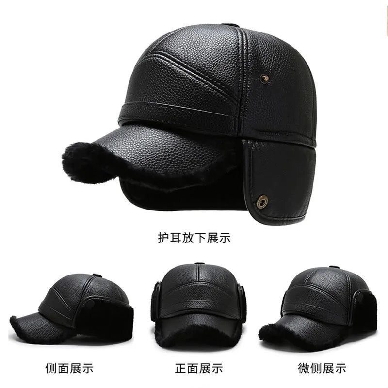 秋冬季中老年男士皮帽加绒加厚外出防风保暖护耳短檐鸭舌爸爸帽子