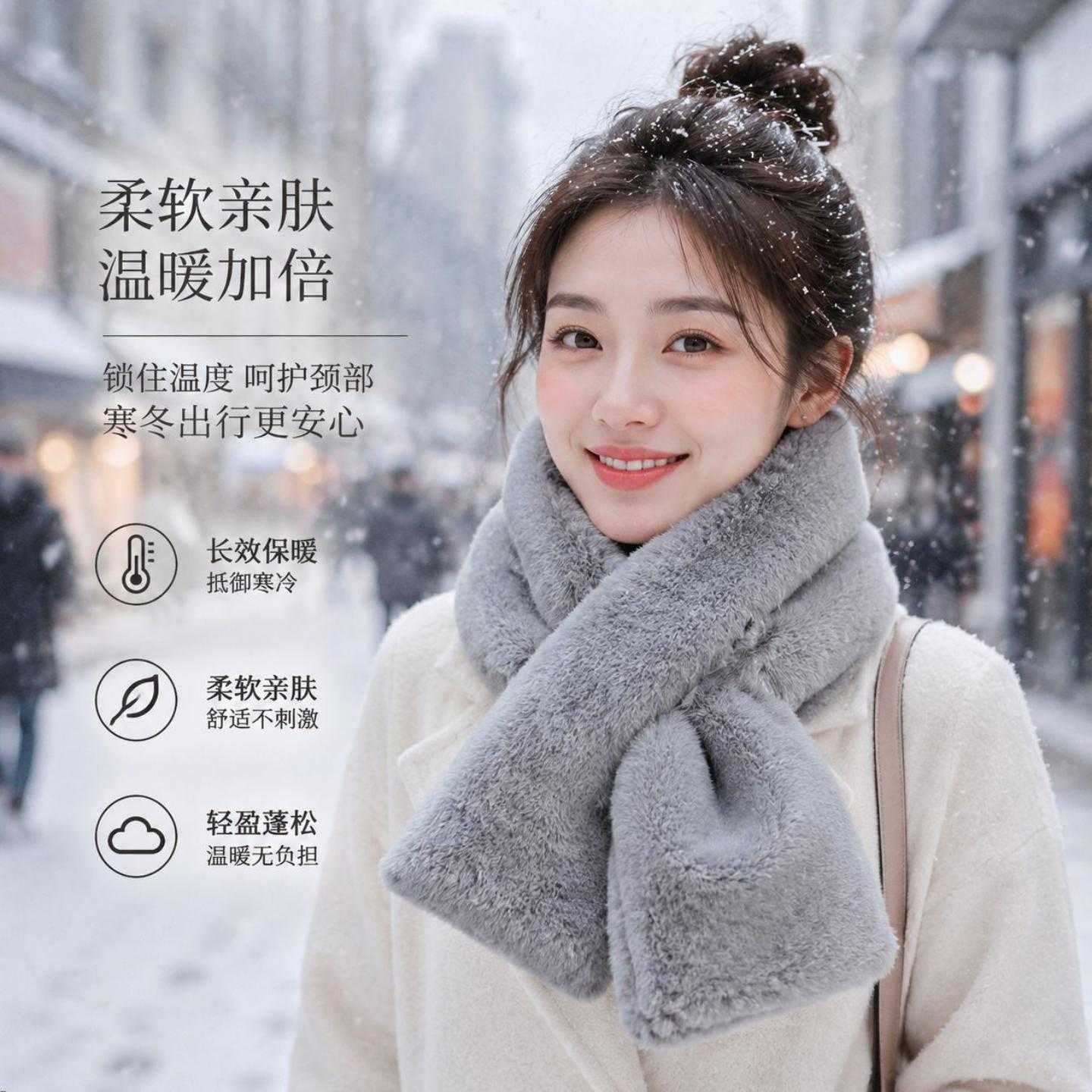 韩式毛绒围巾女冬季小清新纯色学生加厚保暖新款仿兔毛围脖