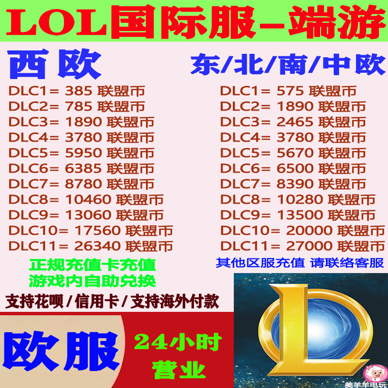 LOL英雄联盟国际服PC西欧北欧东欧南中欧服联盟币点券充值储值RP图片