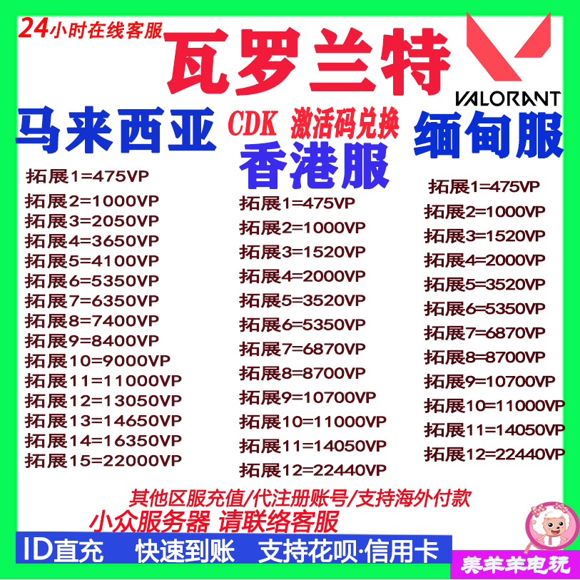 valorant瓦罗兰特港服港区马来西亚服缅甸服点券充值