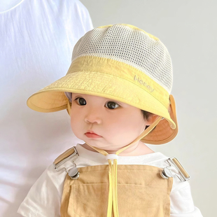 婴儿帽子夏季遮阳帽渔夫帽男童女宝宝网大檐可拆披肩儿童透气速干